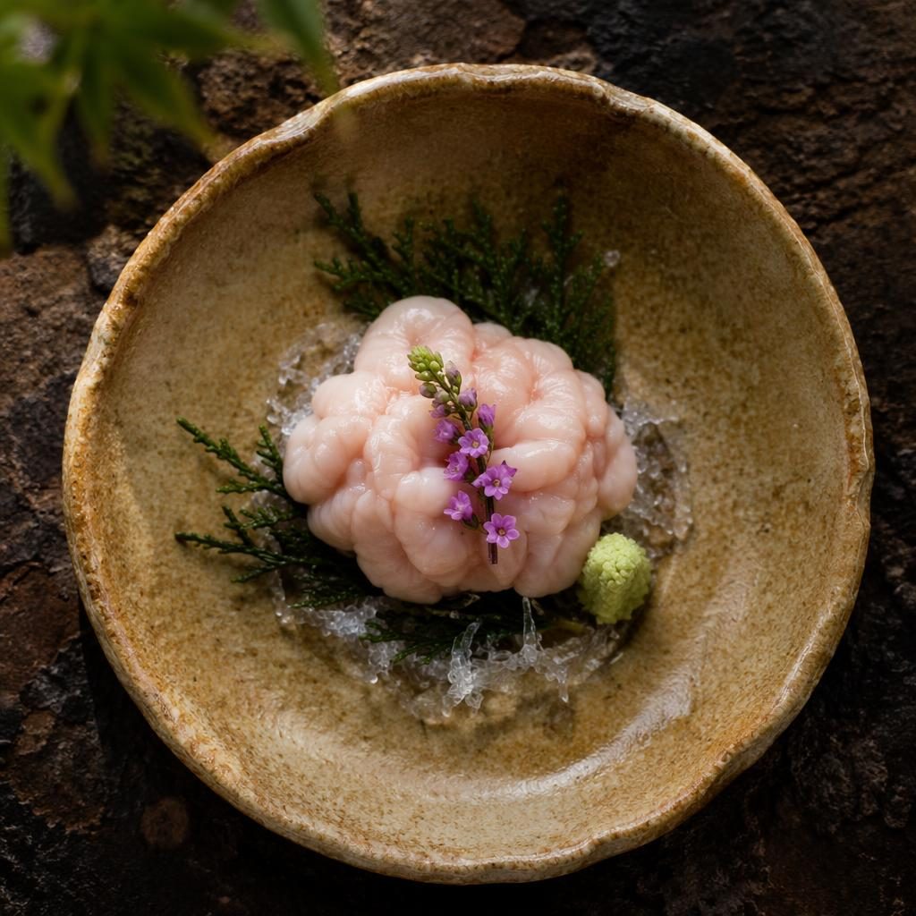 Photo en plongée de ris de veau cru dressé avec précision façon kaiseki, ambiance rustique et lumière naturelle