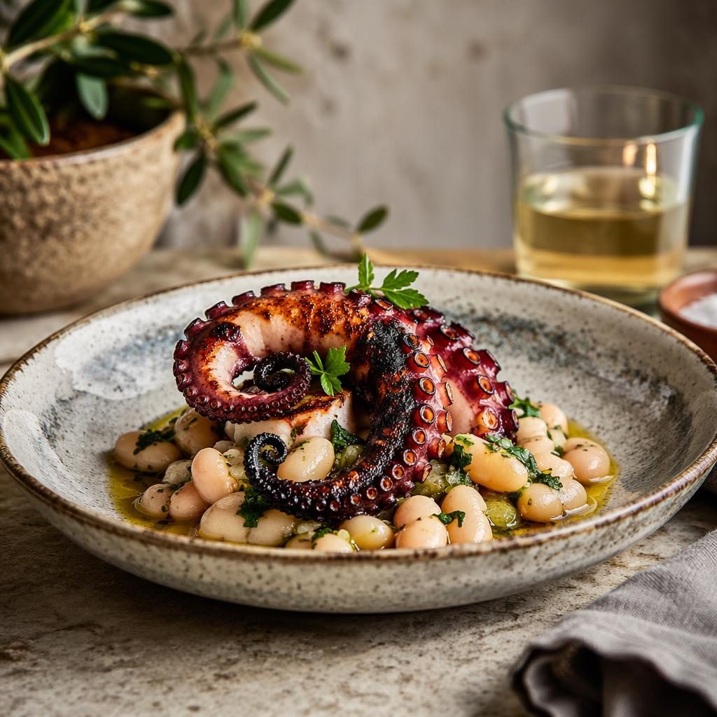 Straight-on editorial photo of a minimal Mediterranean plated dish in soft natural light with sharp focus and blurred cozy background.