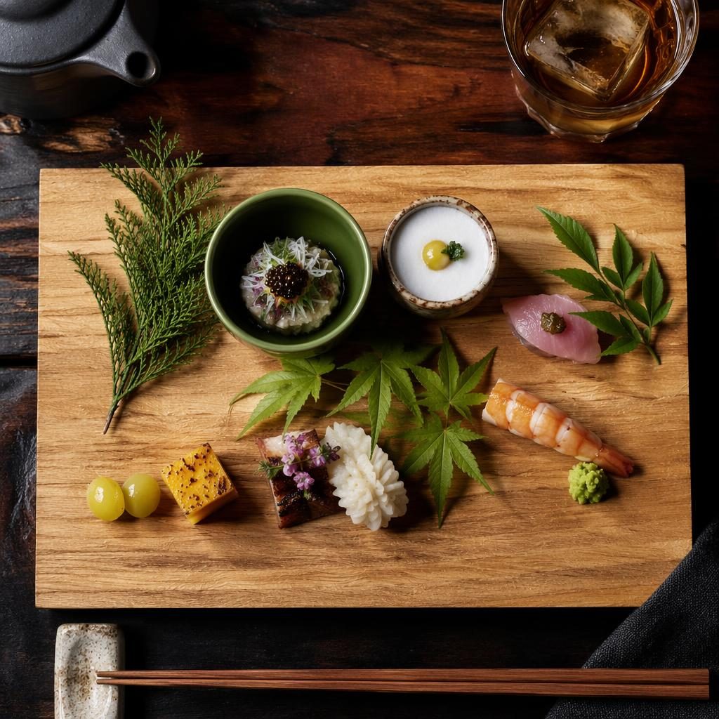 Top-down flat lay of Japanese kaiseki dishes and drinks on wooden plating in natural light with a rustic earthy mood.