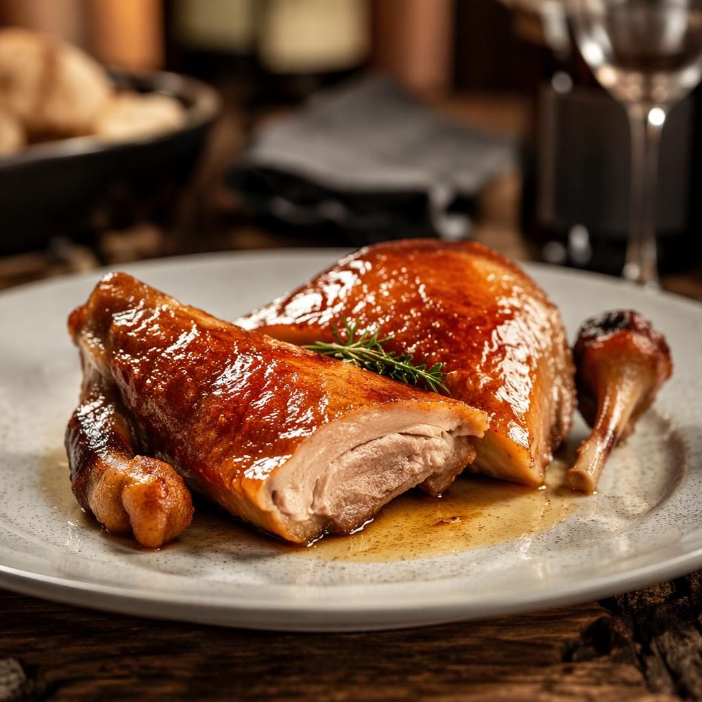 Foto frontal de cochinillo asado con emplatado preciso, luz natural cálida y fondo desenfocado en restaurante elegante