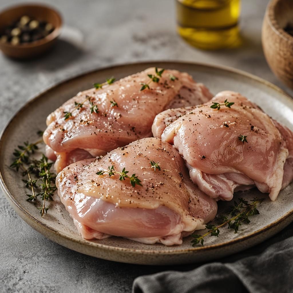 Editorial food photo of artfully plated raw chicken at a 45-degree angle with natural light and a blurred restaurant background