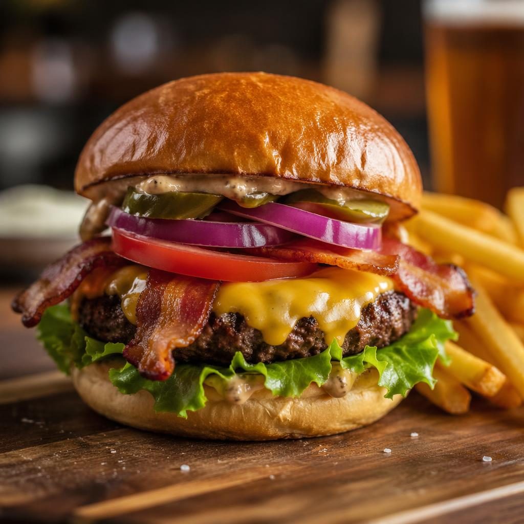 Close-up editorial photo of a homemade hamburger on casual bakery-style plating with warm light and blurred background.