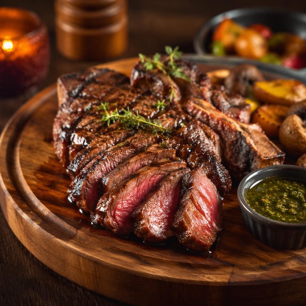 Editorial-Foodfoto eines Steakhouse-Gerichts auf Holzplatte, frontal aufgenommen, mit warmem Licht und unscharfem Hintergrund.