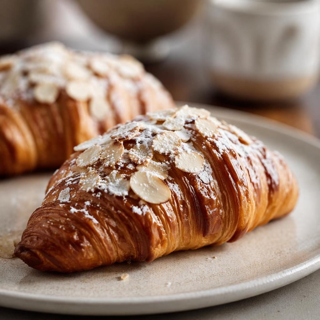 Close-up macro photograph of an artisan pastry on a classic ceramic plate in warm natural light with a blurred background.