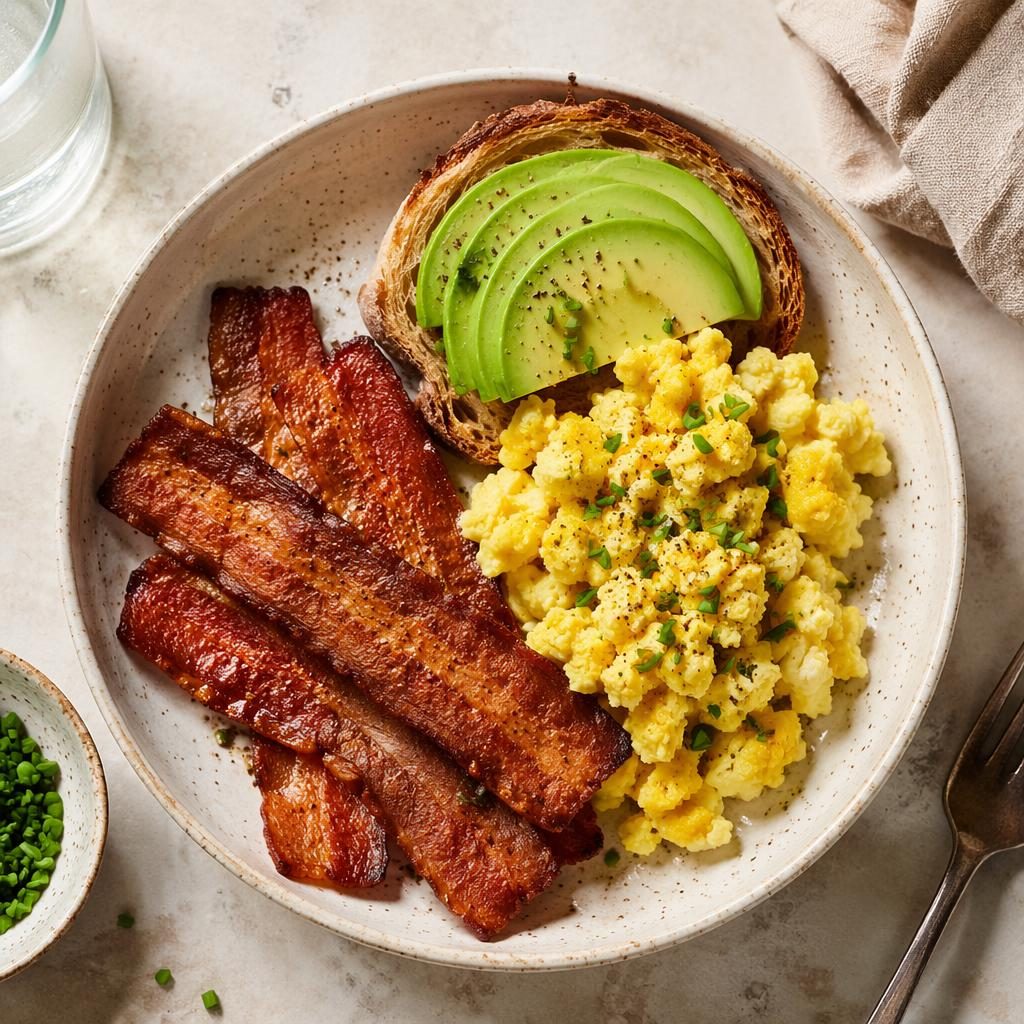 Overhead restaurant-style photo of a vegan plant-based bacon dish on a ceramic plate with hands, bright natural light.