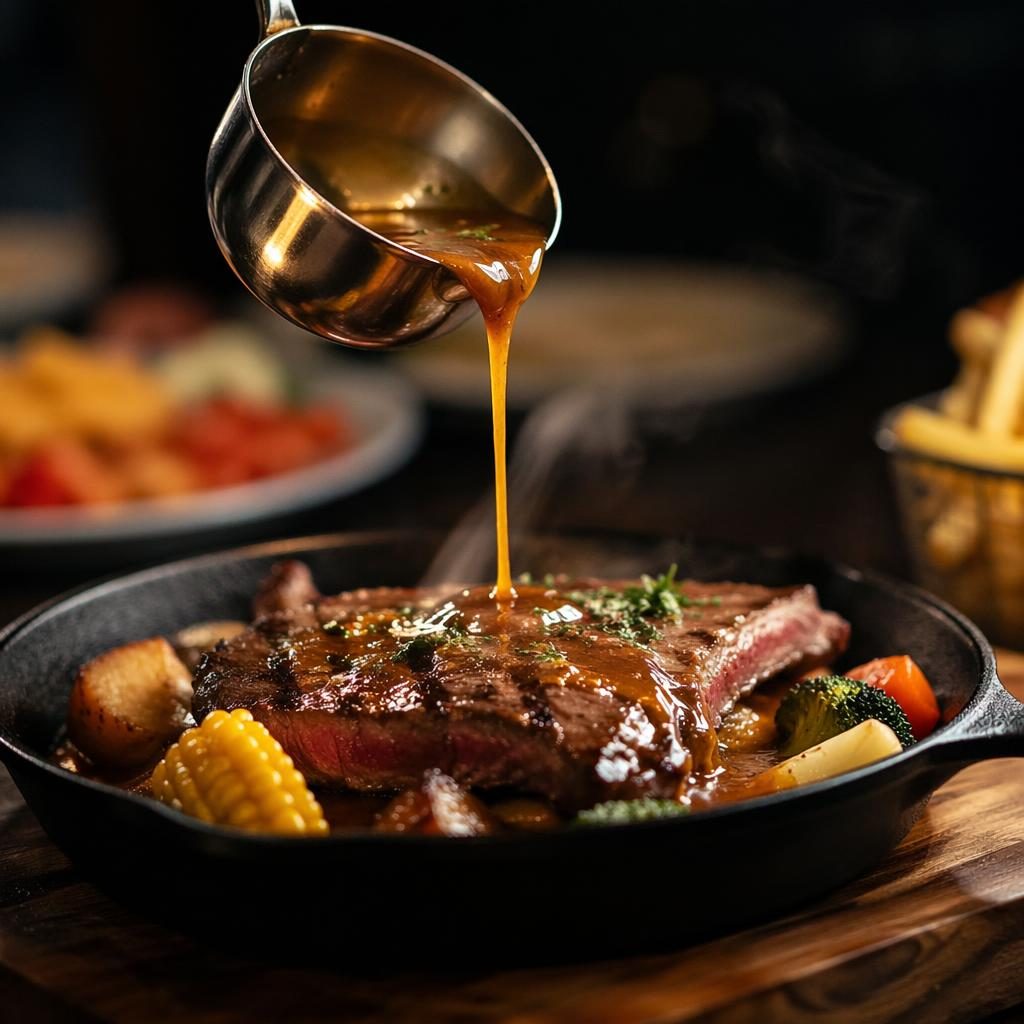 Editorial food photo of a modern bistro steak buffet dish with steam and sauce pouring, dark moody lighting and blurred background.
