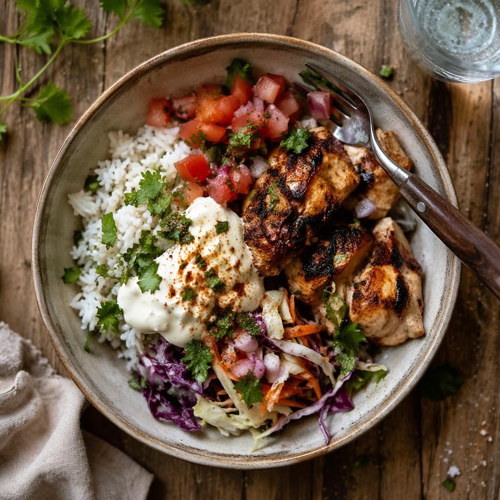 Top-Down-Essensfoto von Street Food mit minimalistischer Anrichtung auf rustikalem Untergrund bei natürlichem Licht
