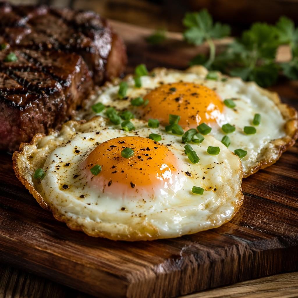Straight-on editorial photo of plated eggs on a wooden board in a cozy steakhouse setting with natural light.