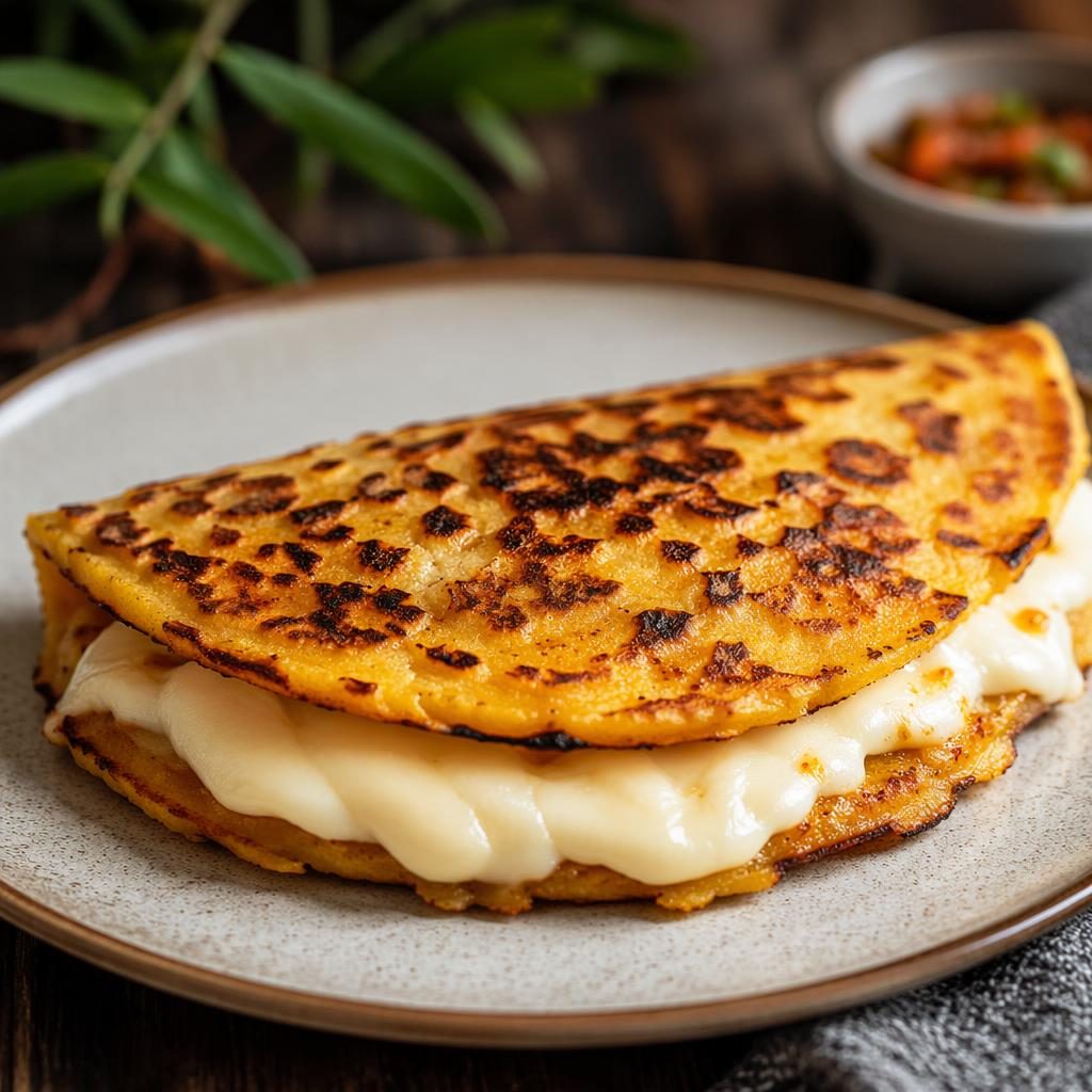 Plato de cachapas con queso en presentación minimalista, fotografiado de frente con luz natural y fondo desenfocado.