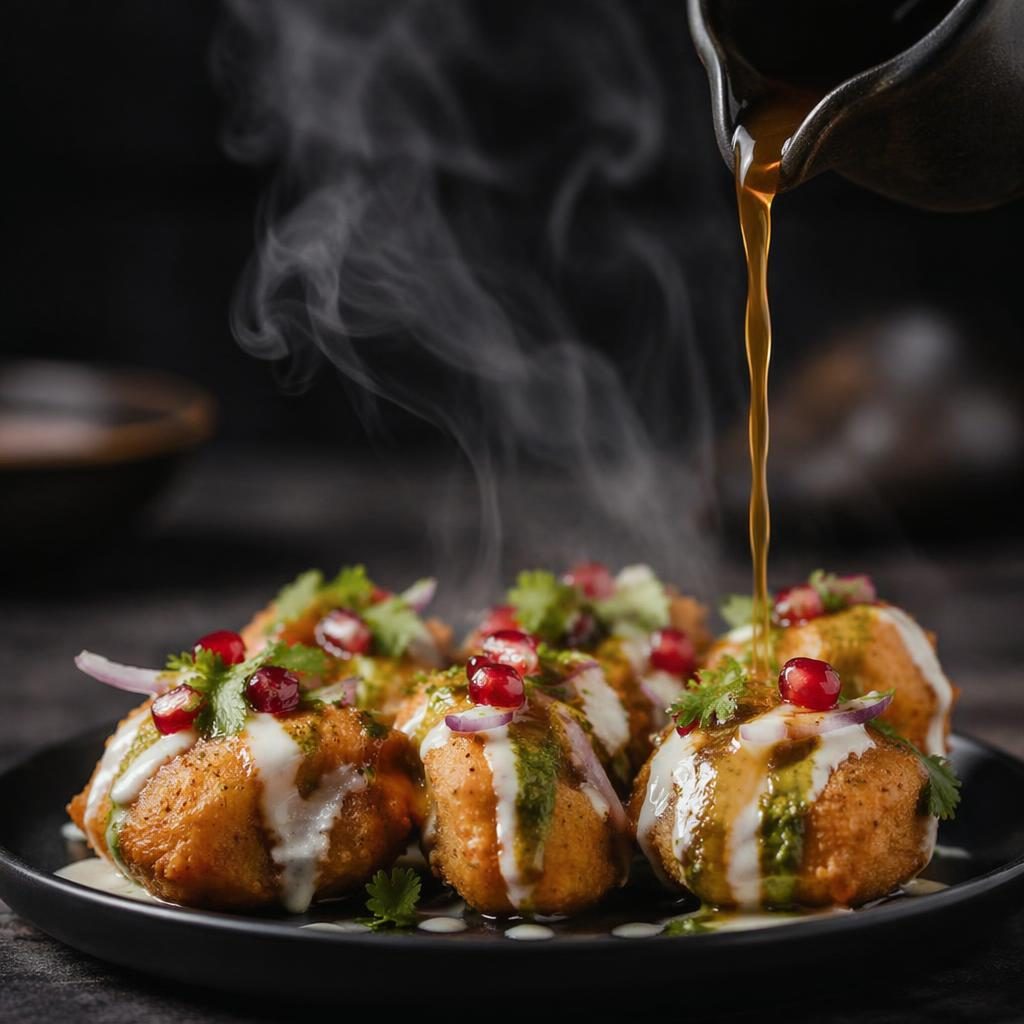 Editorial snack photoshoot with minimal plated bistro food, dramatic steam and pour action, dark moody lighting