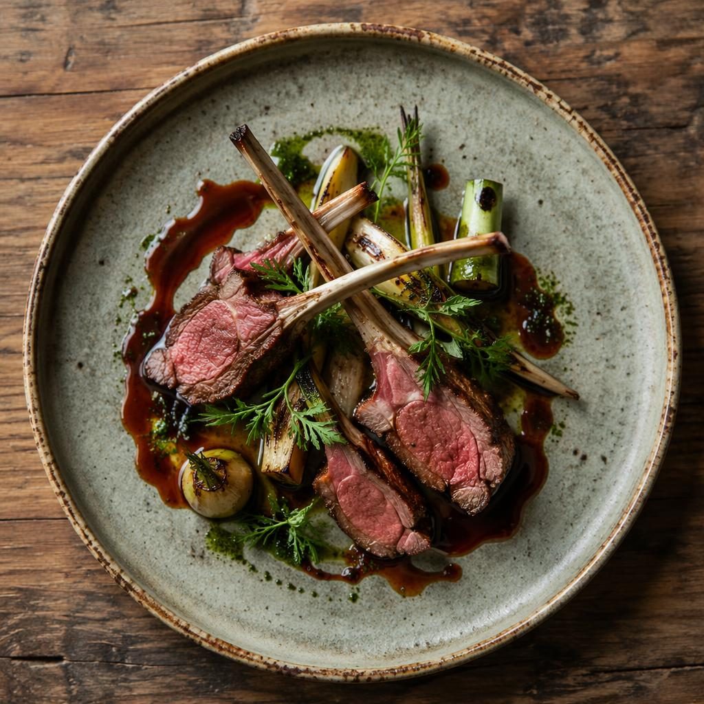 Top-down editorial photo of a Japanese kaiseki dish with Michelin-style plating in natural light and earthy tones.