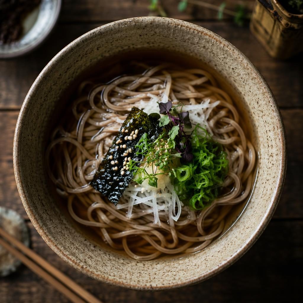 Foto cenital de tallarines japoneses emplatados estilo kaiseki, con luz natural, enfoque nítido y fondo desenfocado.