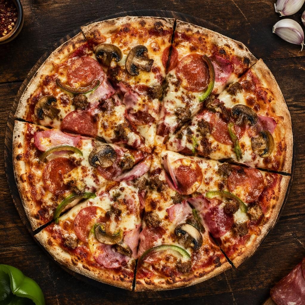 Top-down záběr street food pokrmu na minimalistickém servírování v rustikální zemitě laděné scéně.