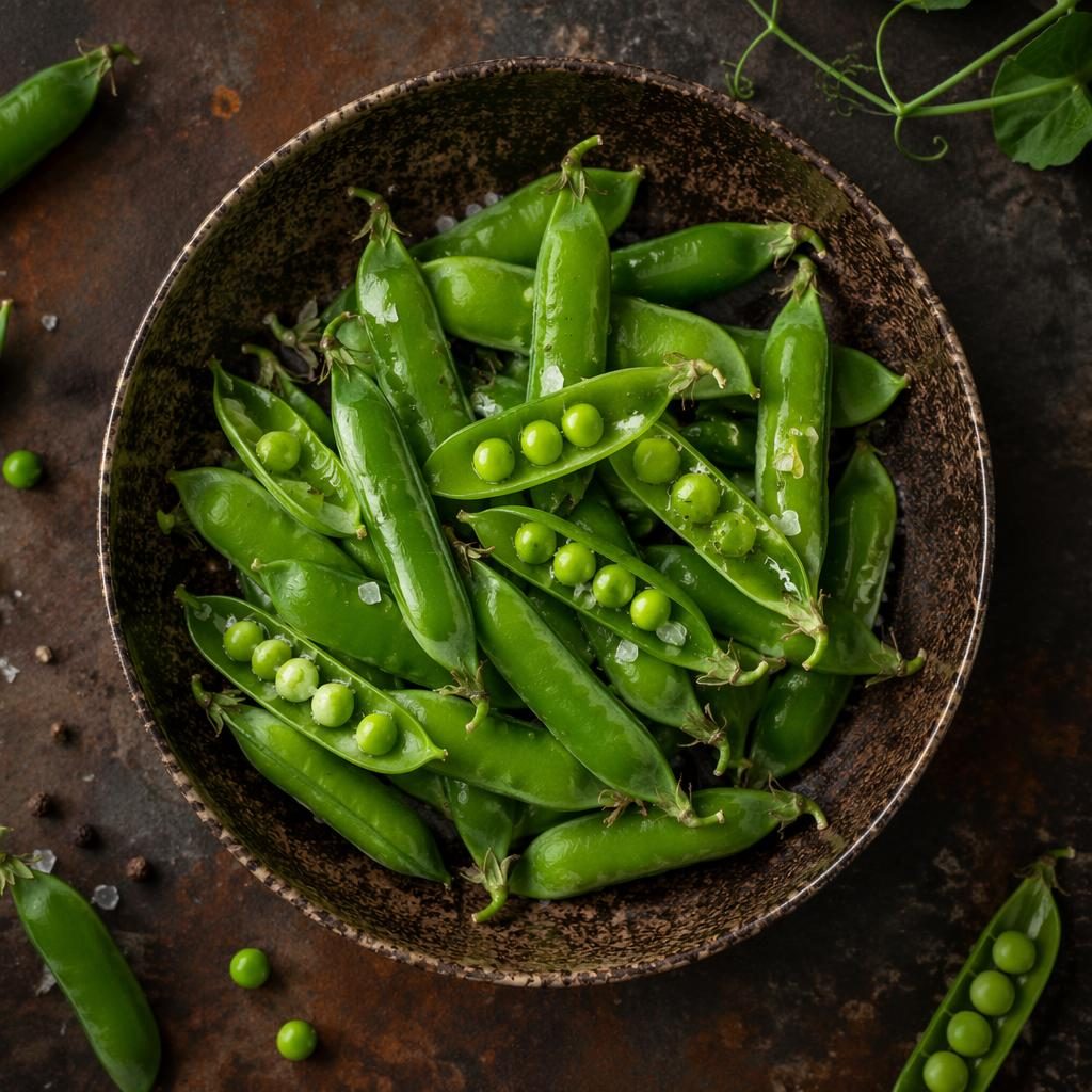 Top-down editorial food photo of green peas in pods on minimal rustic plating with soft natural light.