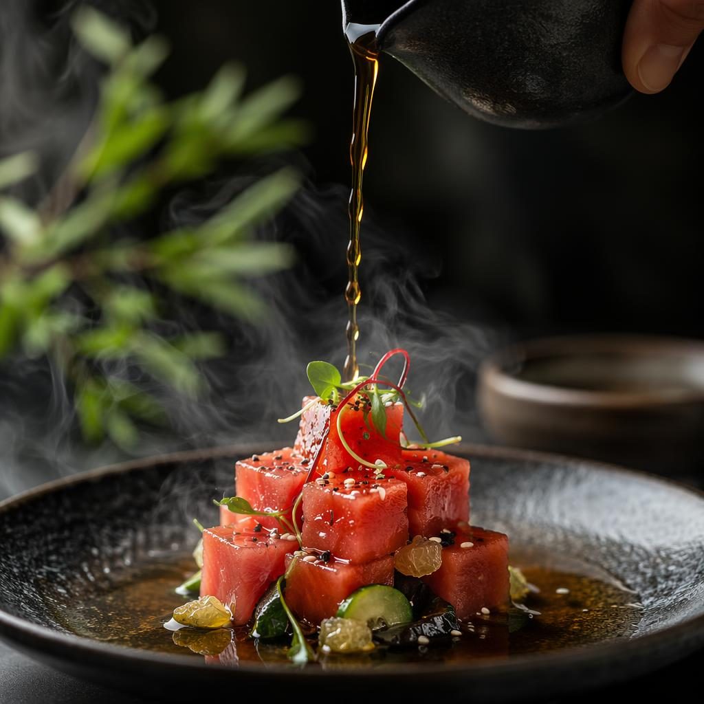 Editorial food photo of an Asian fusion watermelon dish with precise plating, dramatic steam, and dark moody lighting