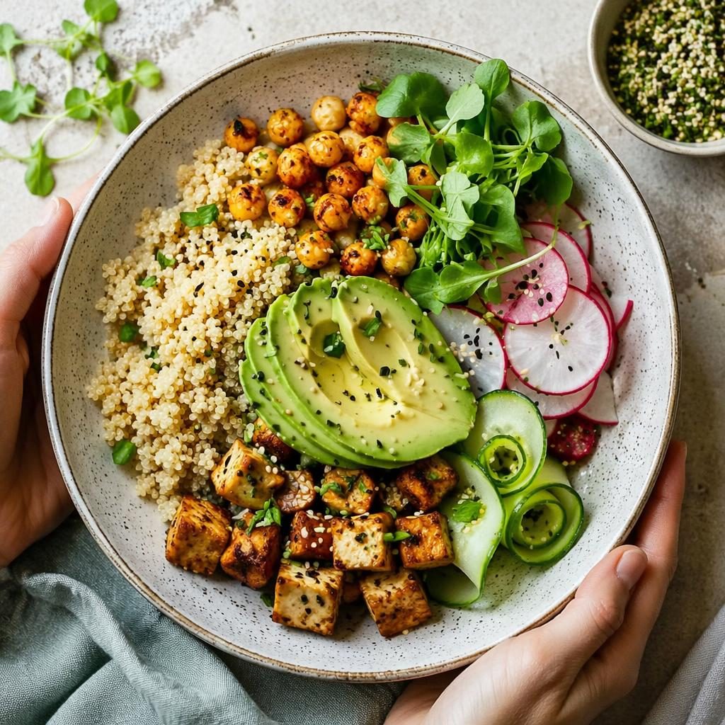 Overhead vegan restaurant dish with hands in frame, bright natural light, casual homey plating and fresh colors