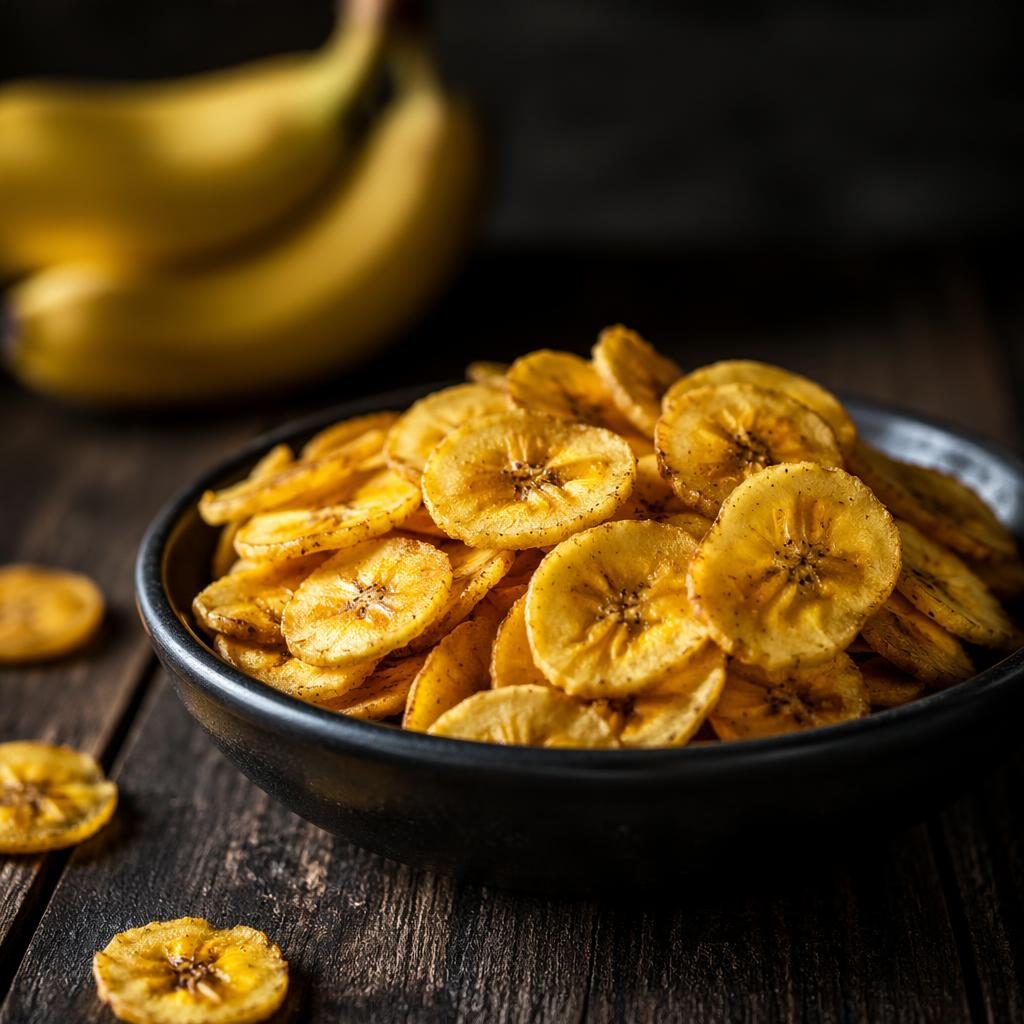 Moody editorial photo of banana chips on minimal bistro plating with dramatic light, sharp focus, and blurred background.