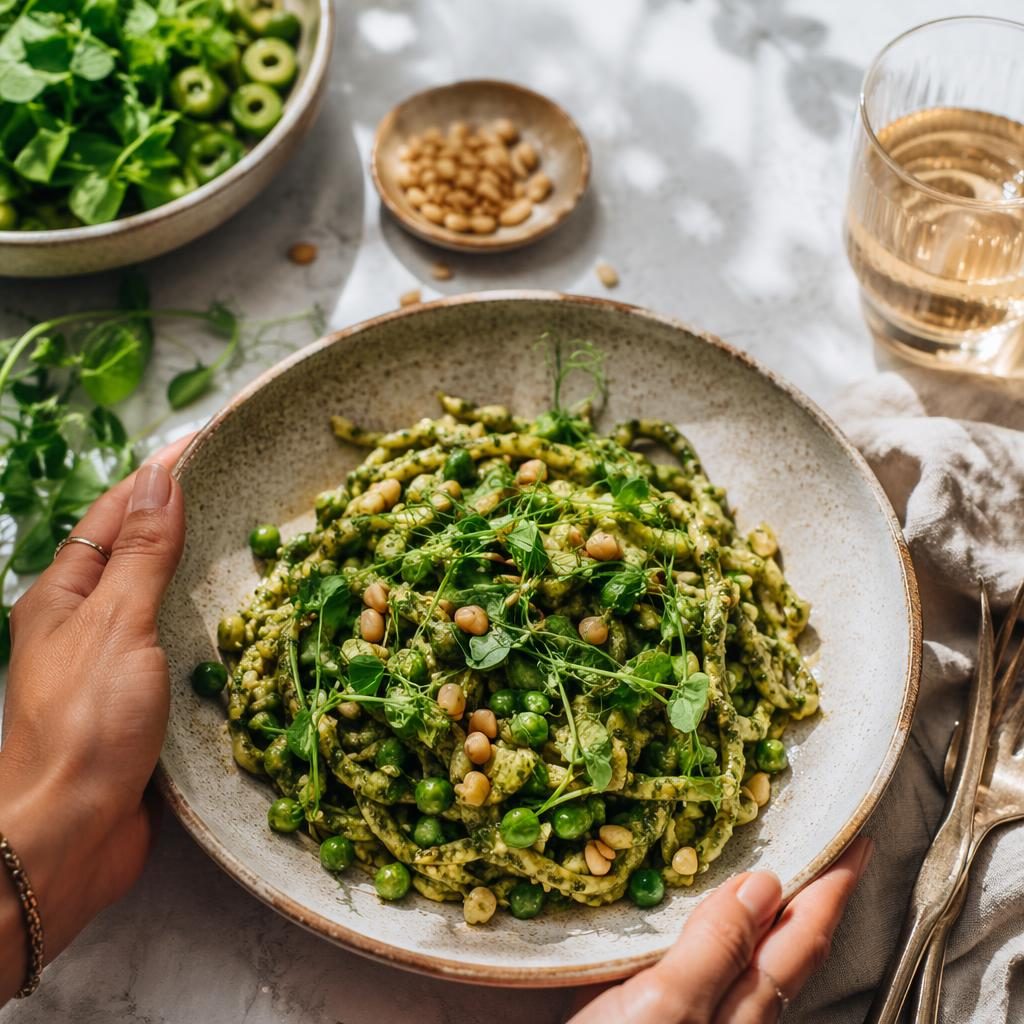 Overhead editorial photo of a vegan plant-based dish with hands in frame, bright natural light and airy casual plating.