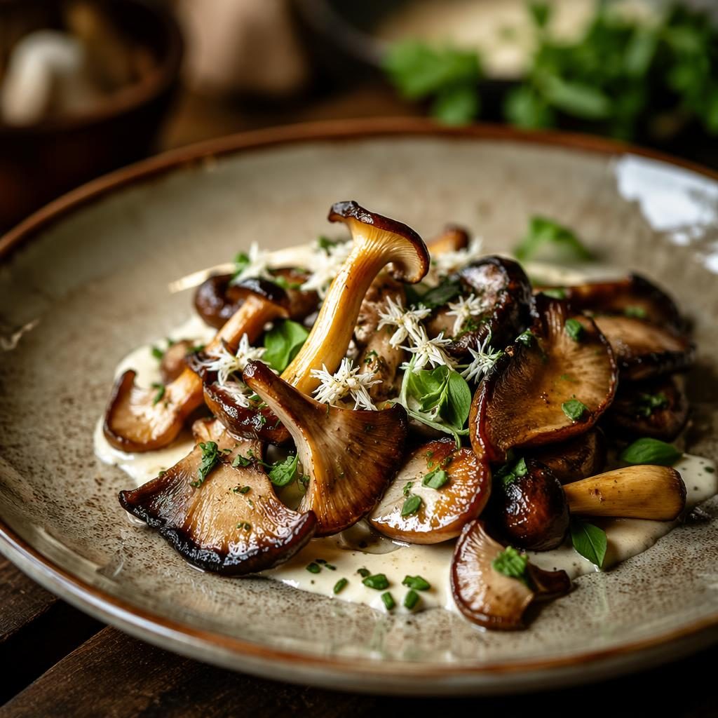 Editorial photo of a French fine dining mushroom dish, homey casual plating, shot at a 45-degree angle in natural light.