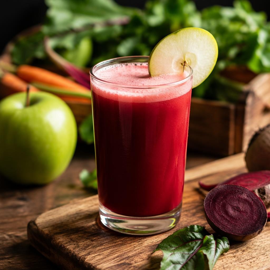 Editorial cafe-style juice photography with a rustic plated drink setup, natural light, sharp focus, and soft blurred background.