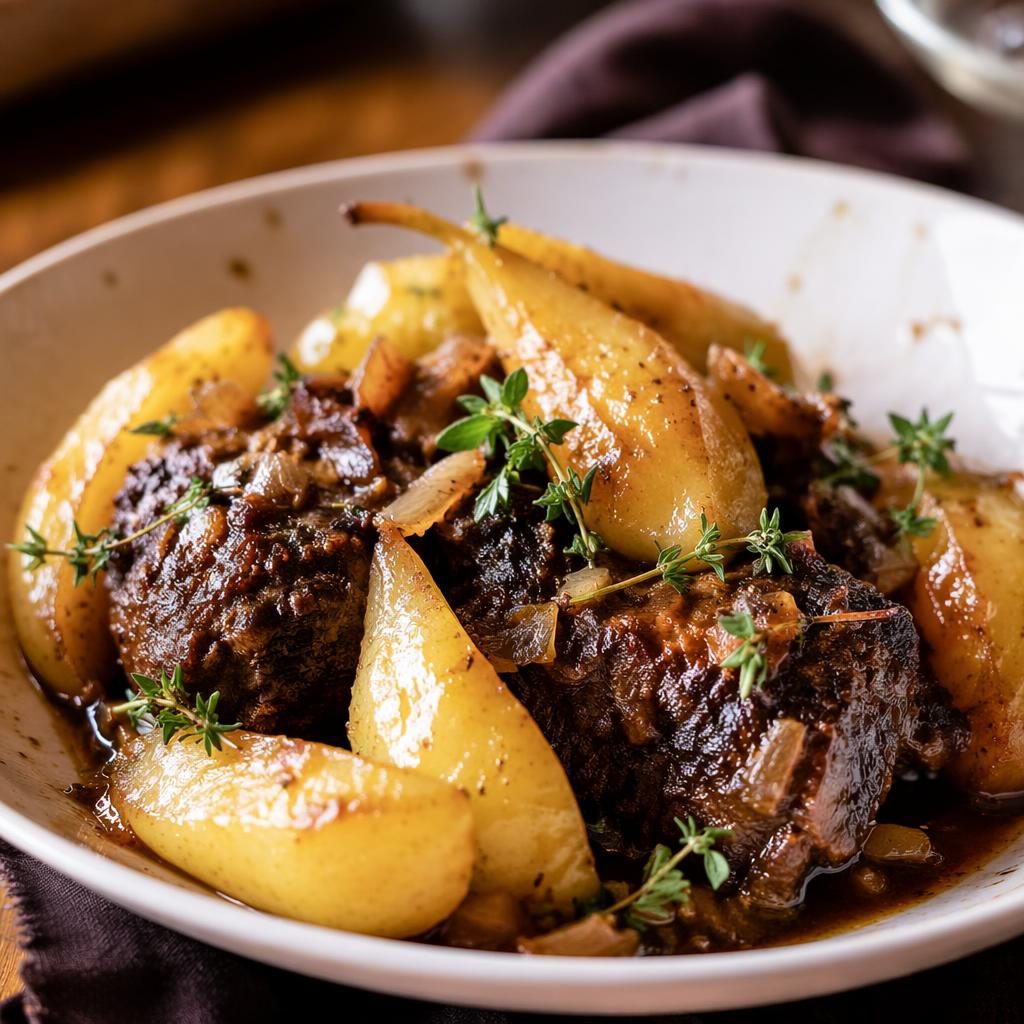 Close-up editorial photo of small pears on a rustic plated American comfort food dish with warm natural light.