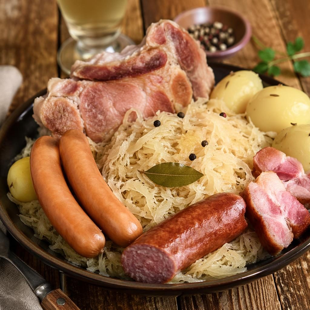 Gros plan macro d’une choucroute servie simplement, lumière naturelle chaude et arrière-plan flou.