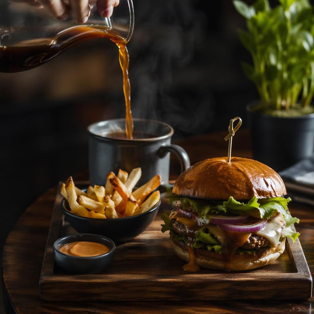 Editorial photo of a cafe americano with rising steam, served on wood plating in dark moody natural light