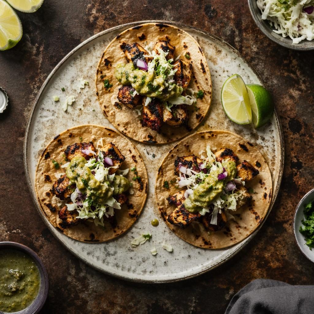 Top-down editorial photo of modernist street food on minimal plating with earthy tones, natural light, and soft blur.
