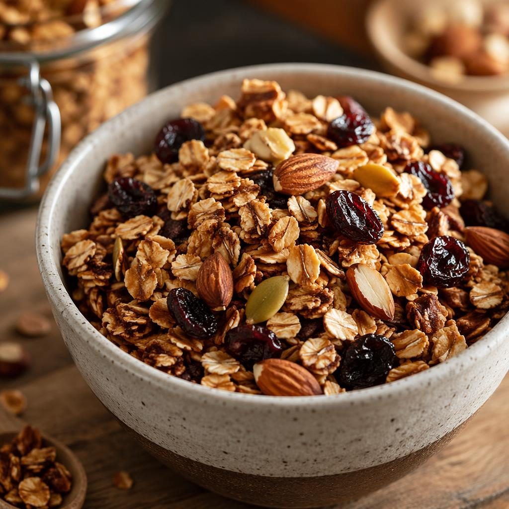 Close-up macro photo of granola in homey casual plating with warm natural light and a softly blurred bakery-style background.