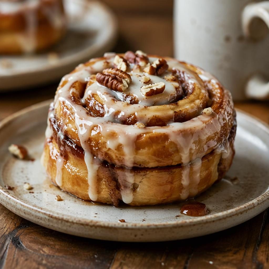 Close-up macro photo of a bakery pastry on a classic ceramic plate in warm natural light with a softly blurred background.