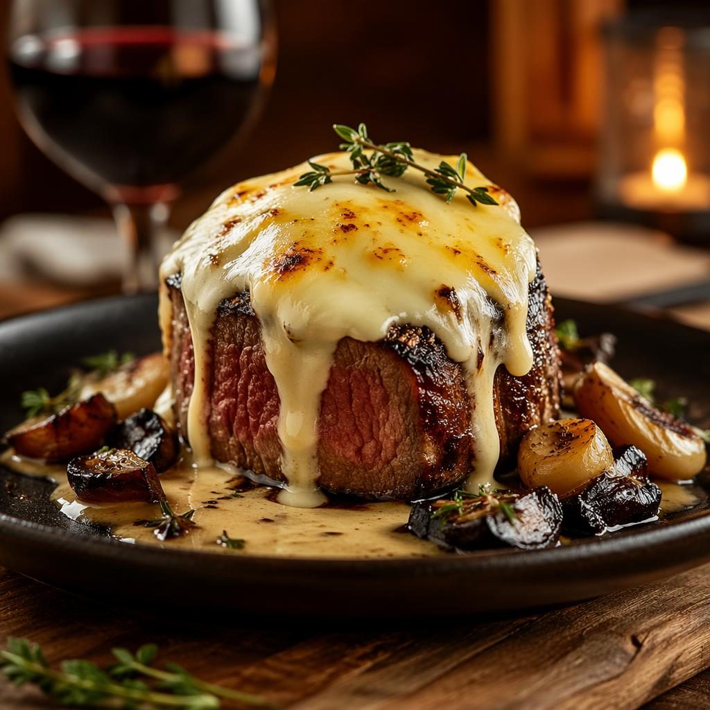 Straight-on editorial photo of a precision-plated steakhouse dish in cozy natural light with sharp focus and blurred background.