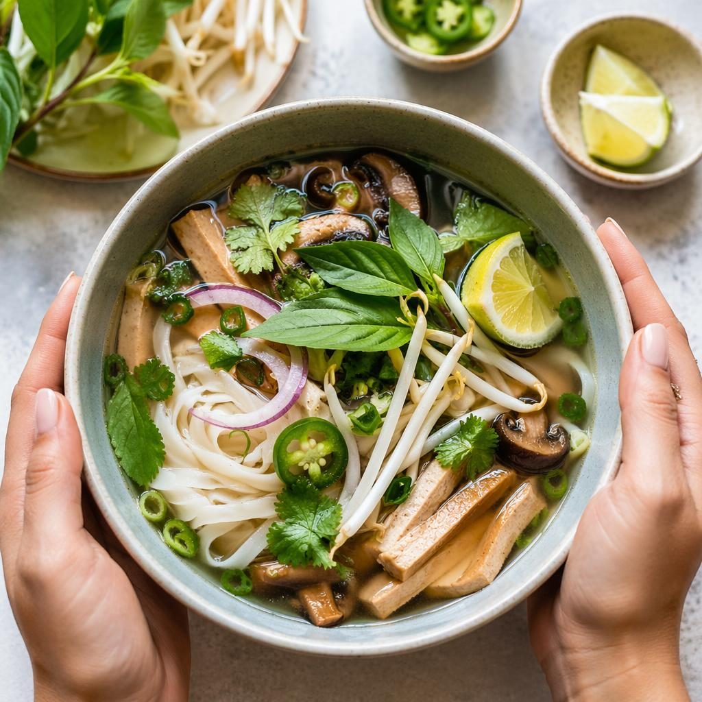 Overhead vegan pho photo with hands, casual homey plating, bright natural light, and fresh herbs in sharp focus