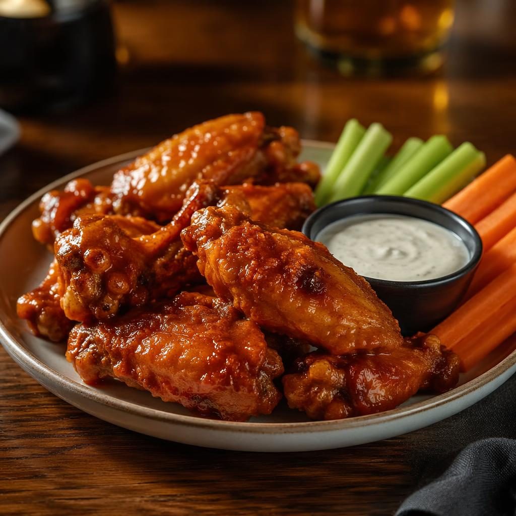 Straight-on editorial food photo of a Mediterranean-style wing dish with minimal plating in warm natural light.