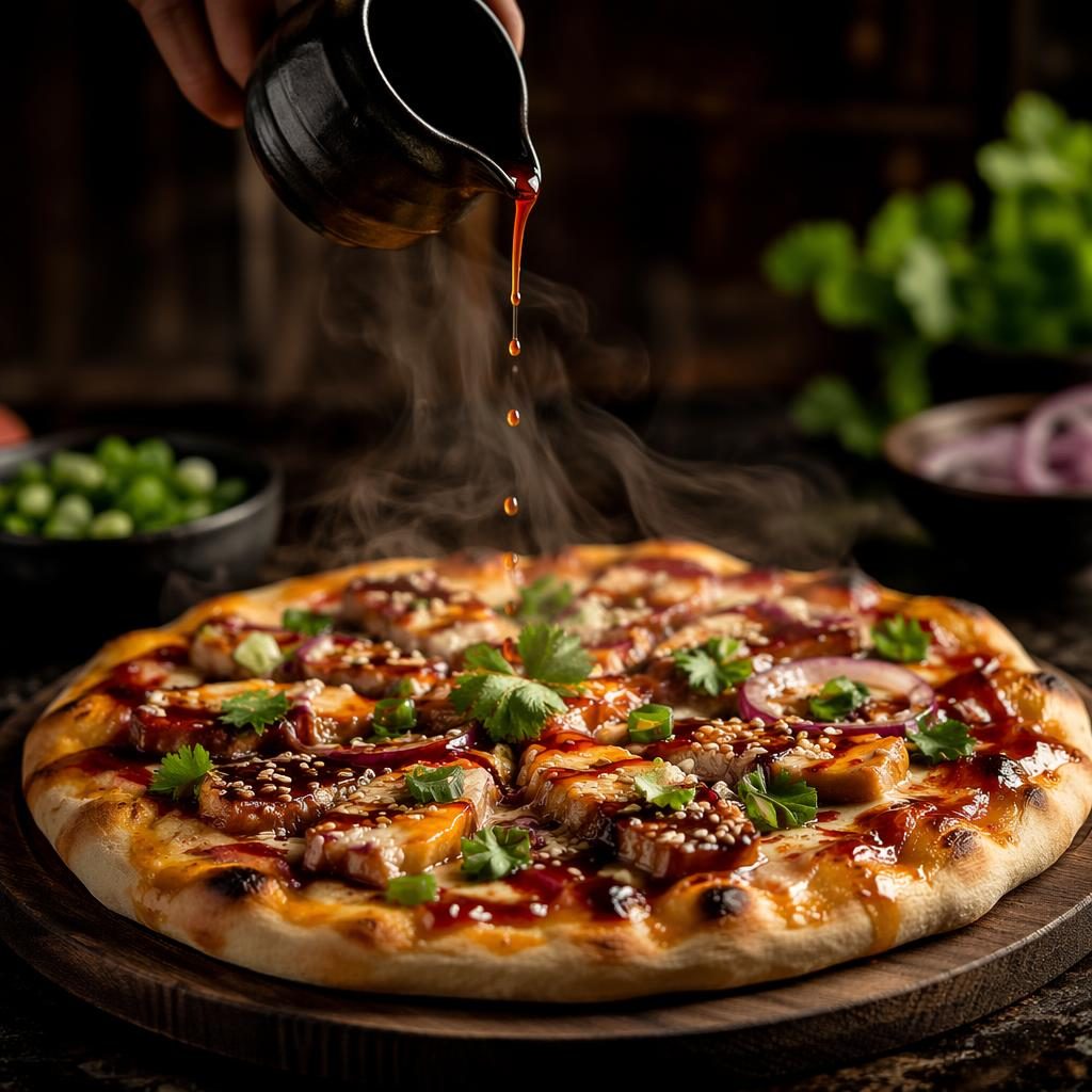 Editorial-Foto einer Asian-Fusion-Pizza auf Holzplatte mit aufsteigendem Dampf, dramatischem Licht und unscharfem Hintergrund