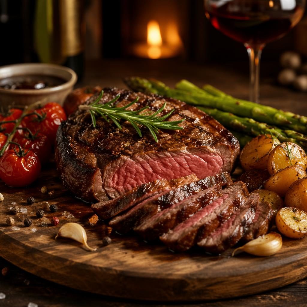 Straight-on editorial photo of a steakhouse dish on a wooden plate with a cozy food back drop and blurred background.
