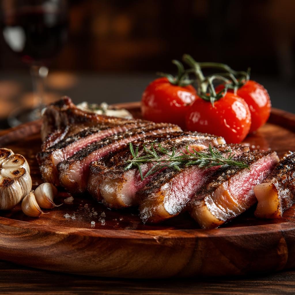 Straight-on editorial steakhouse dish on a wooden plate in a cozy setting with natural light and blurred background.