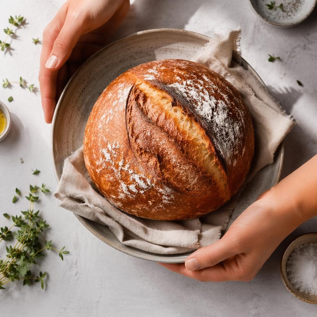 Overhead editorial photo of bread on a classic ceramic plate with hands in frame, bright natural light and airy styling