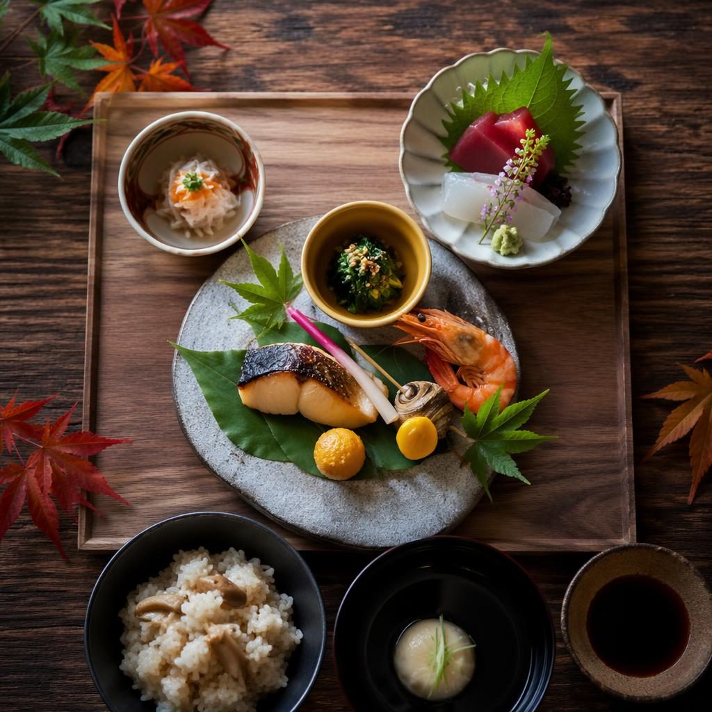 Top-down photo of Japanese kaiseki dishes on wooden plates in natural light with a rustic earthy restaurant styling
