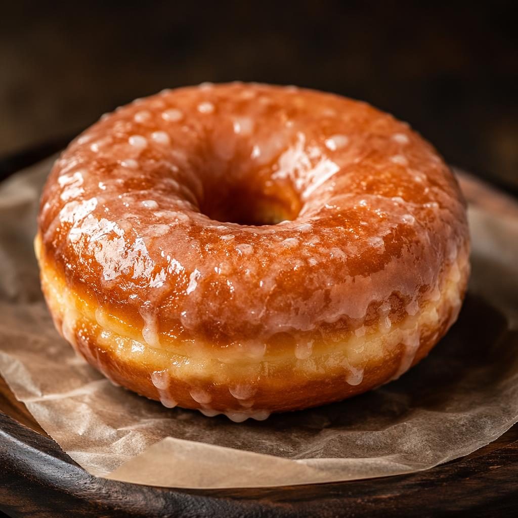 Straight-on hero photo of a glazed donut on a precision-plated steakhouse-style dish with soft natural light.