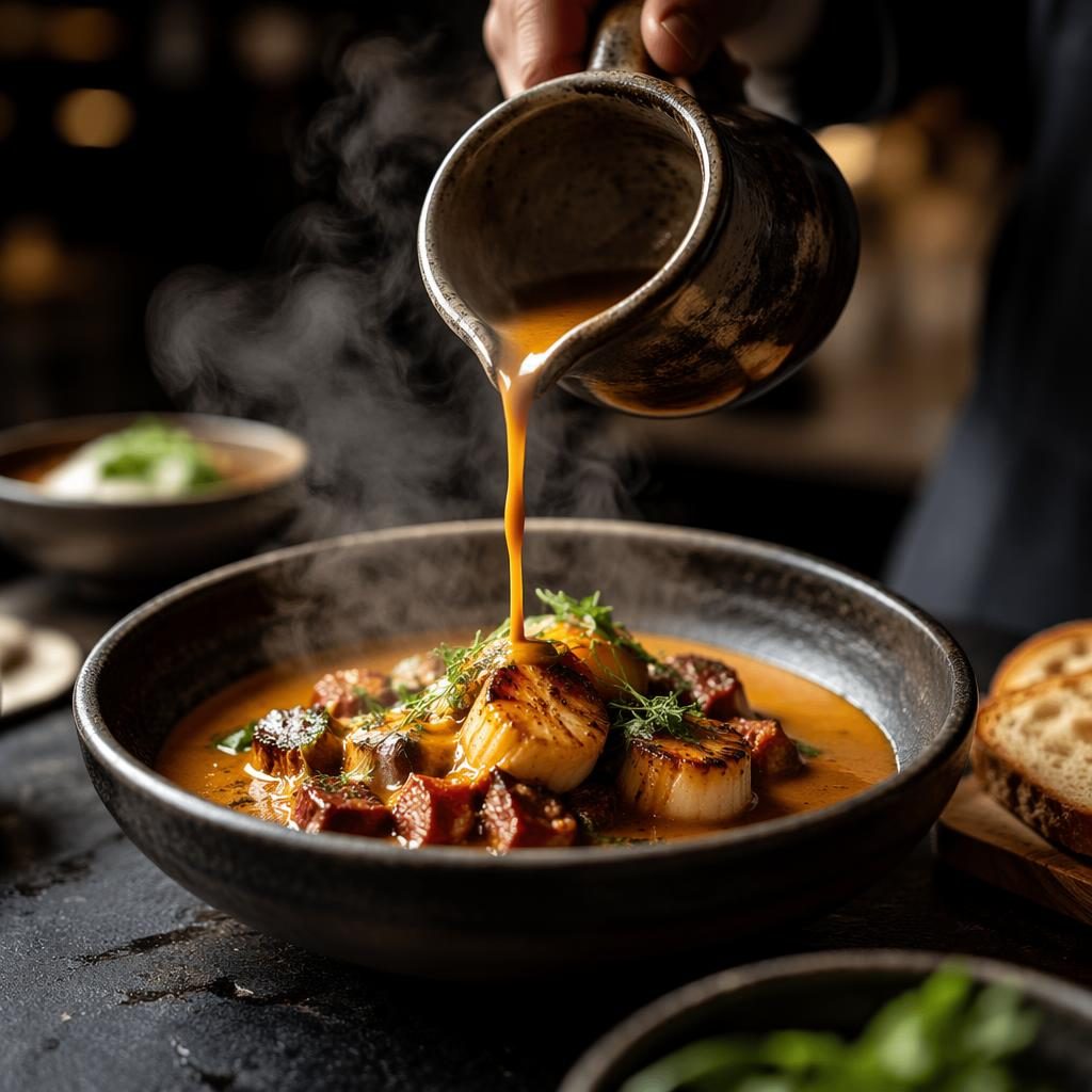 Photo de plats bistro moderne avec vapeur et sauce versée, lumière naturelle, fond flou et ambiance sombre.