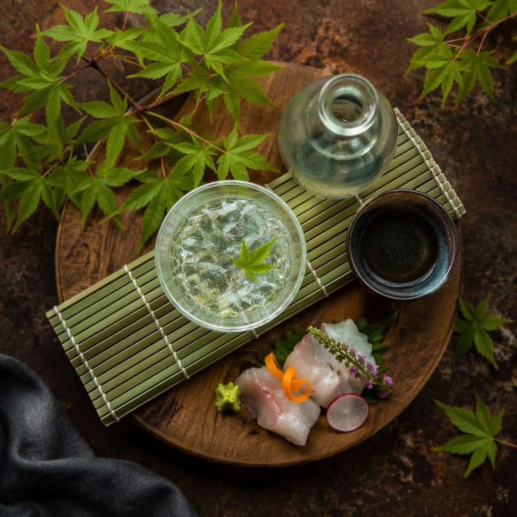 Top-down photo of a Japanese kaiseki drink setup on wooden plating with rustic earthy styling and natural light.