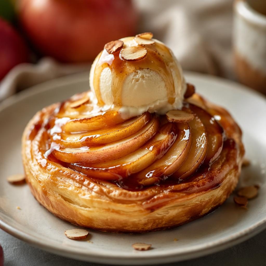 Close-up macro editorial photo of plated bakery pastry on classic ceramic dish in warm natural light with blurred background.