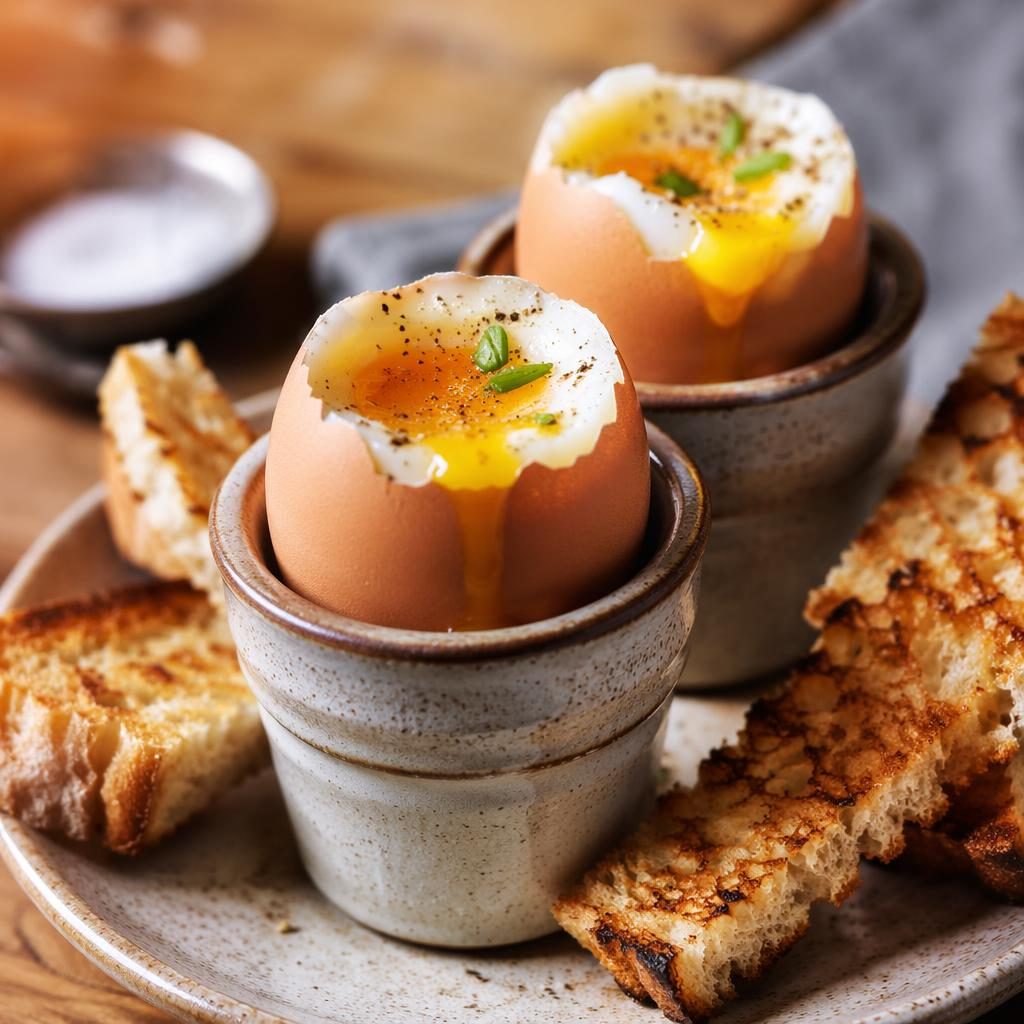 Close-up macro of baked eggs on casual pastry-style plating, warmly lit with sharp focus and a blurred background.