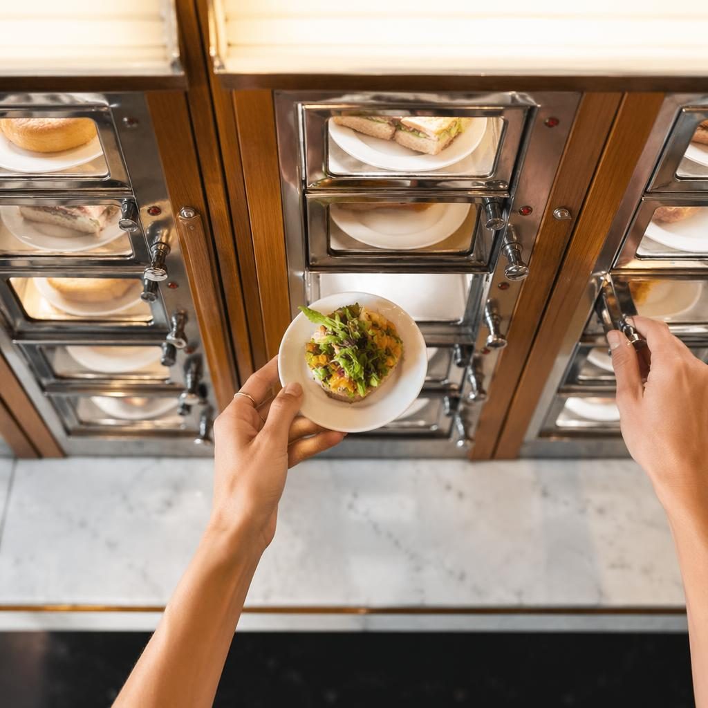 Overhead editorial photo of a vegan plated dish with hands in frame, bright natural light, airy restaurant setting.
