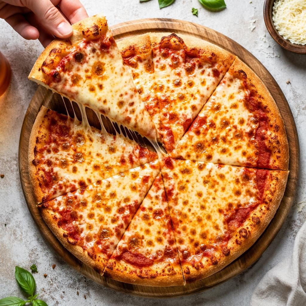 Overhead editorial photo of a rustic Italian pizza with hands in frame, bright natural light and artistic plating.