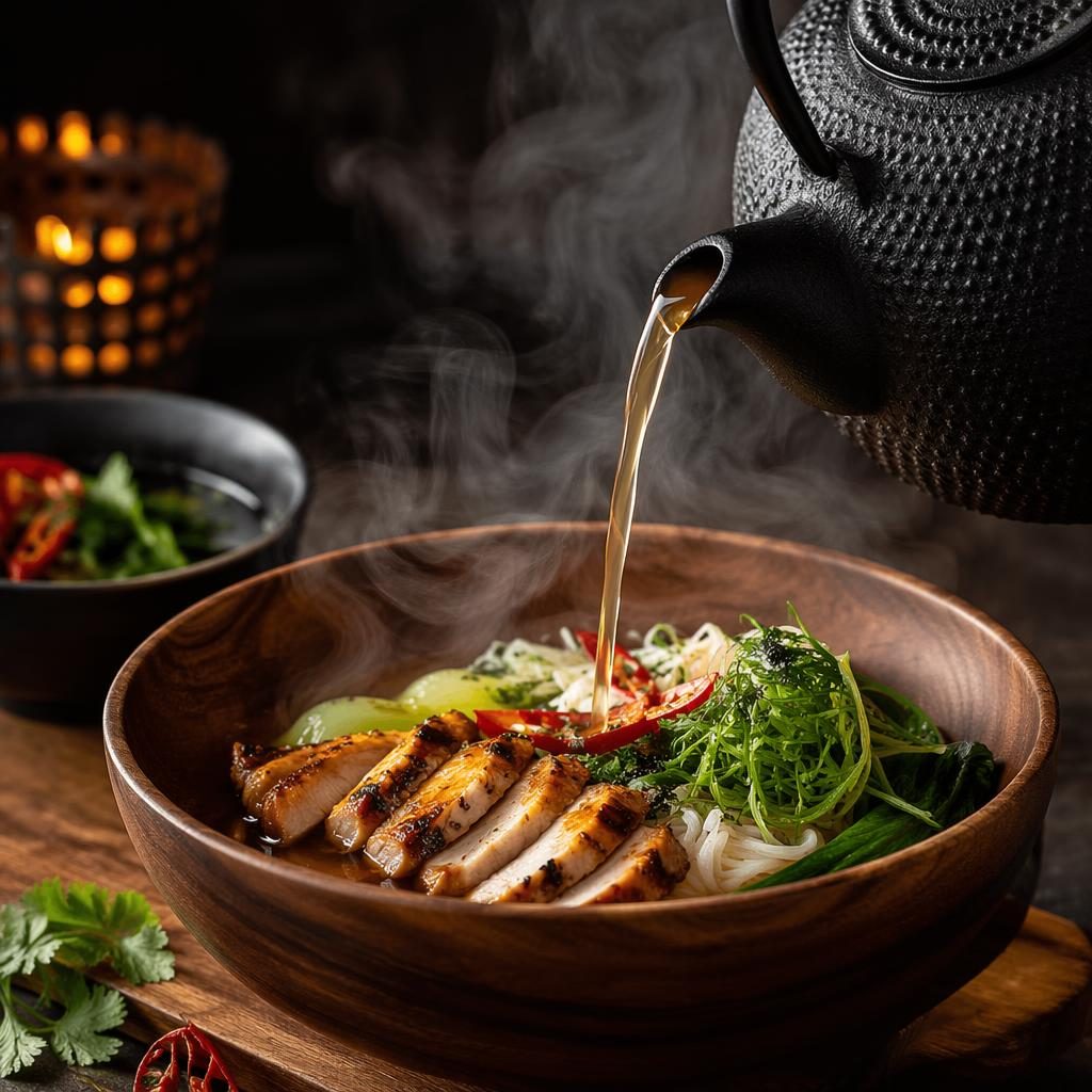 Plato de cocina asian fusion sobre base de madera, con vapor y vertido en acción, luz natural y fondo desenfocado