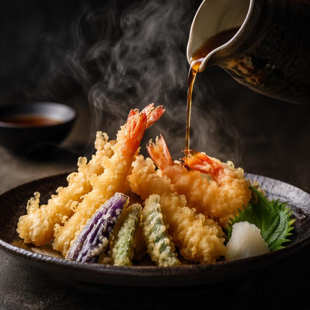 Crisp tempura plated in a modern bistro style with dramatic natural light, dark mood, and visible steam