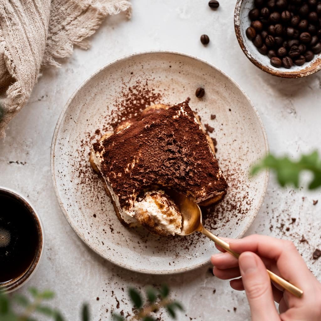 Overhead editorial photo of a rustic Italian dessert with artistic plating and hands in bright natural light