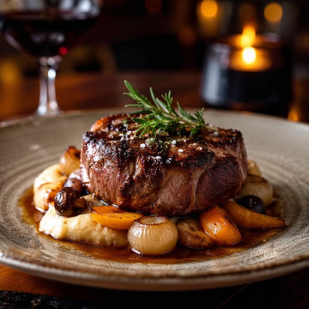 Straight-on editorial photo of a Michelin-style steakhouse dish with precise plating, cozy light, and blurred background.