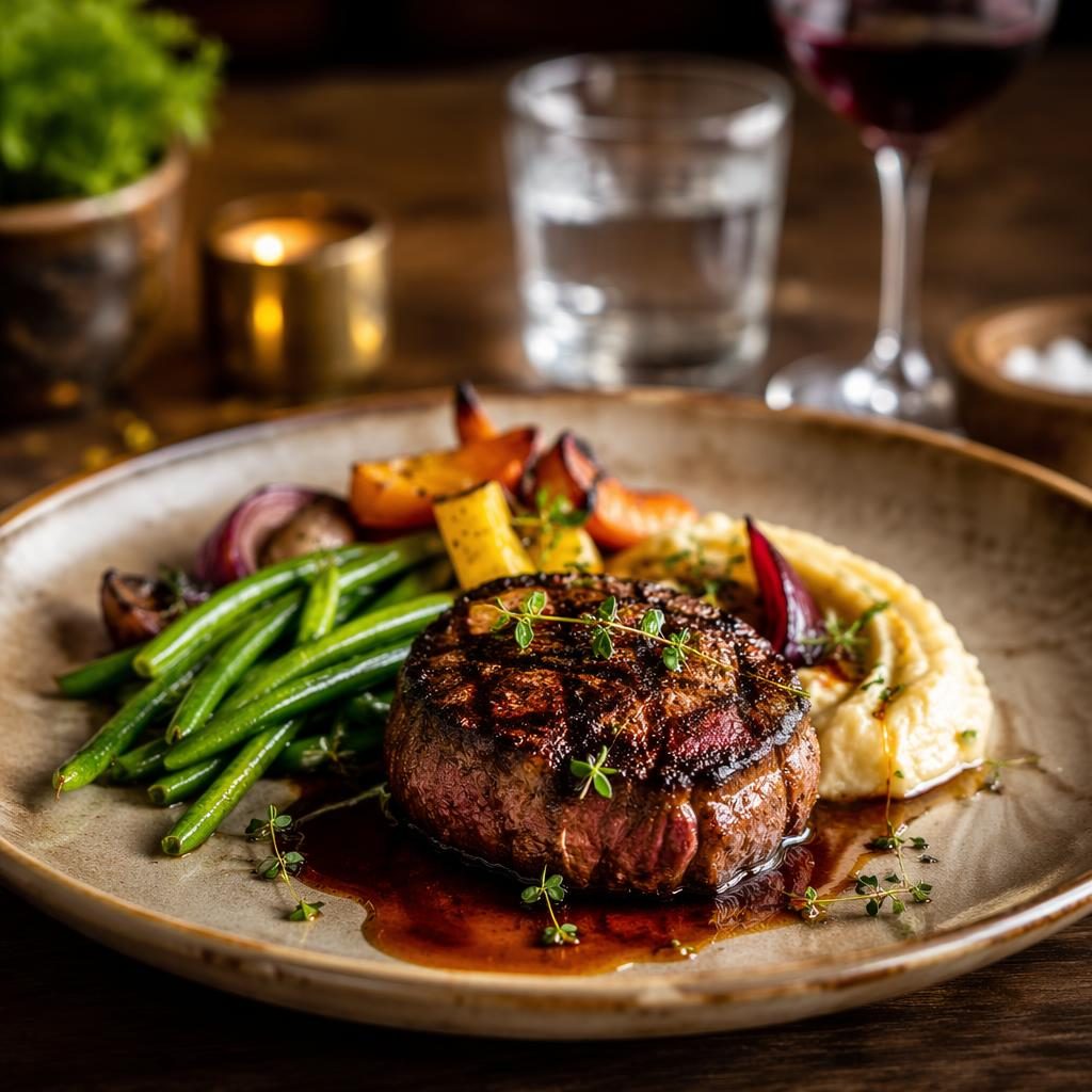 Assiette gastronomique de steakhouse, dressage précis, vue de face, lumière naturelle et fond flou chaleureux